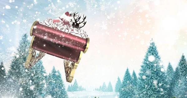 Santa Flying Sleigh Reindeer Winter Landscape — Stock Photo, Image