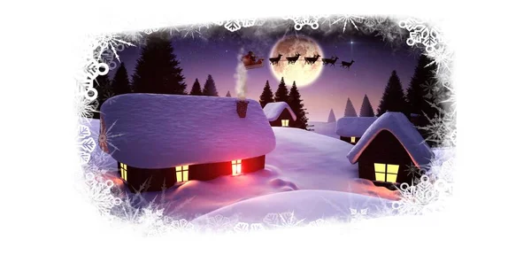 サンタとクリスマスの雪片の国境とトナカイは月と村の上を飛んで — ストック写真