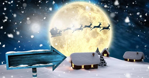 冬の村でトナカイの飛行とクリスマスサイン矢で眠るサンタ — ストック写真
