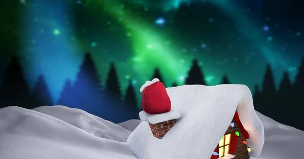 Santa Představuje Komíně Zimní Sněhové Krajině — Stock fotografie