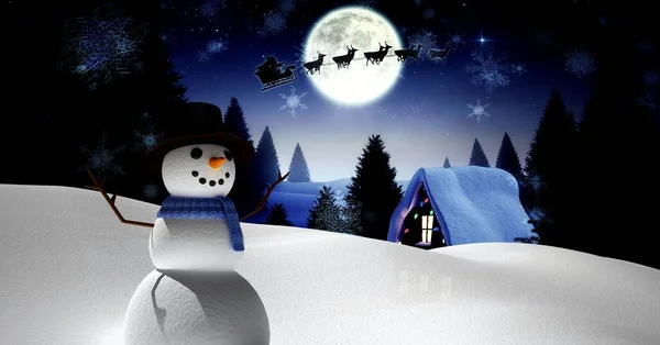 Снеговик Рождественская Луна Сантой Санях Оленями — стоковое фото