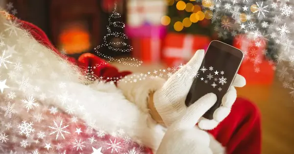 Santa Usando Telefone Com Flocos Neve — Fotografia de Stock