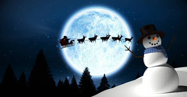 Bałwan Boże Narodzenie Księżyc Mikołajem Saniach Reniferami — Zdjęcie stockowe