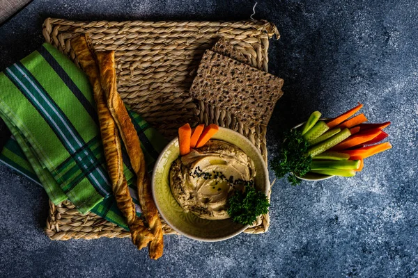Traditionell Maträtt Hummus Bakgrunden Närbild — Stockfoto