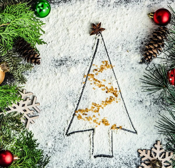 Χριστουγεννιάτικη Μαγειρική Ιδέα Υπόβαθρο Φαγητών Και Κλαδιών — Φωτογραφία Αρχείου