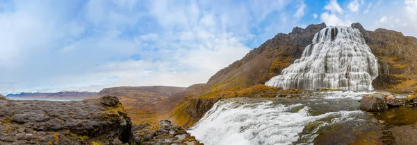 Westfjords Islândia Dynjandi Cachoeira Panorama Queda Durante Tempo Ensolarado — Fotografia de Stock