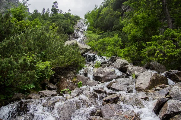 Cachoeira Alpes Montanhas Com Uma Pedra Frente Rochas Altas Cobertas — Fotografia de Stock