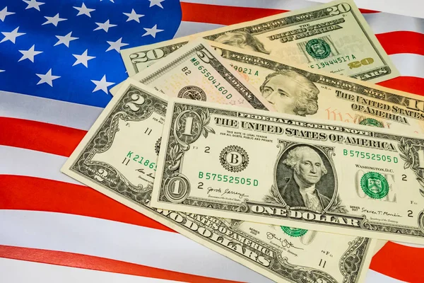 Billetes Dólares Estadounidenses Con Bandera — Foto de Stock