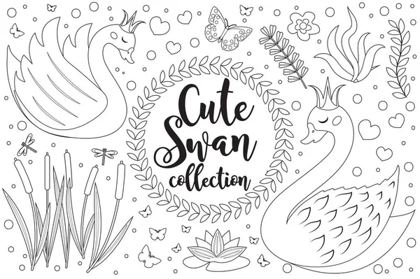 Cute Swan Set Coloring Book Page Kids Collection Design Element — Stockfoto