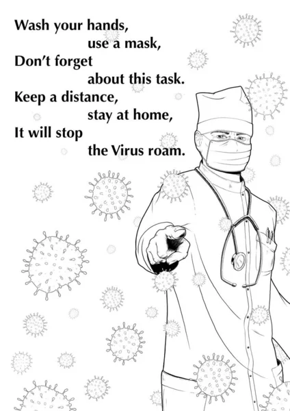 The doctor points the viewer with a finger, a virus flies around him, on the side of the illustration there is an inscription in the form of a verse with the rules of conduct for a viral pandemic