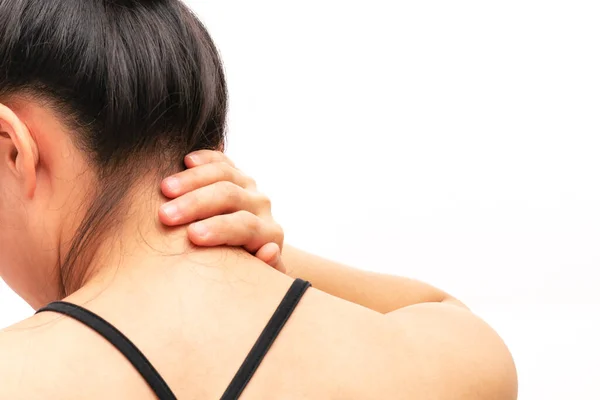 Mulheres Jovens Dor Pescoço Ombro Lesão Cuidados Saúde Medica — Fotografia de Stock
