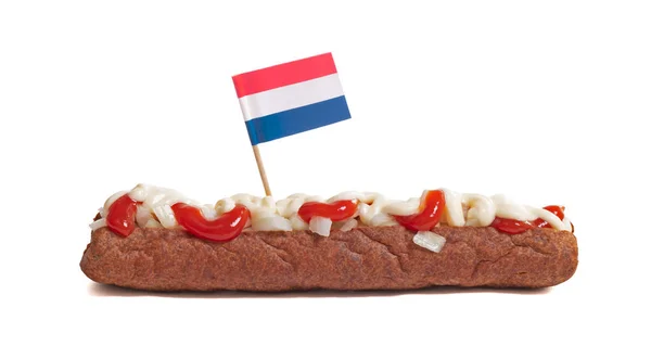 Jeden Frikadel Ketchupem Majonez Pokrojonej Cebuli Holenderski — Zdjęcie stockowe