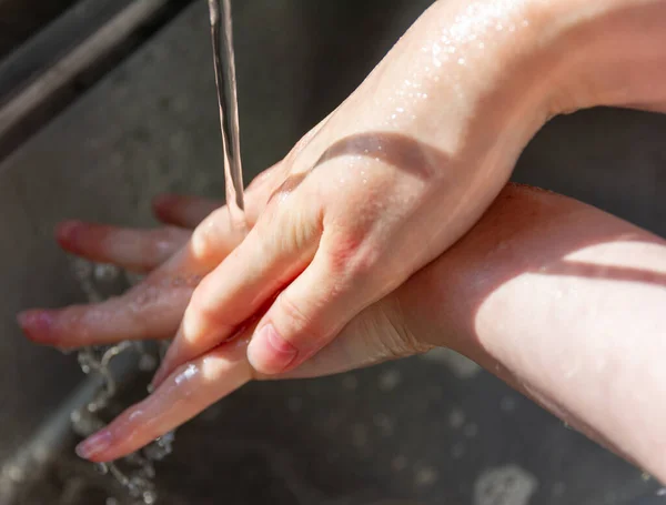 Woman Washing Hands Soap Prevent Germs Bacteria Avoid Coronavirus — Stock fotografie
