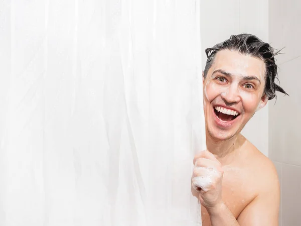 Young Man Soap Suds Looks Out Curtain Bathroom Man Taking — Photo
