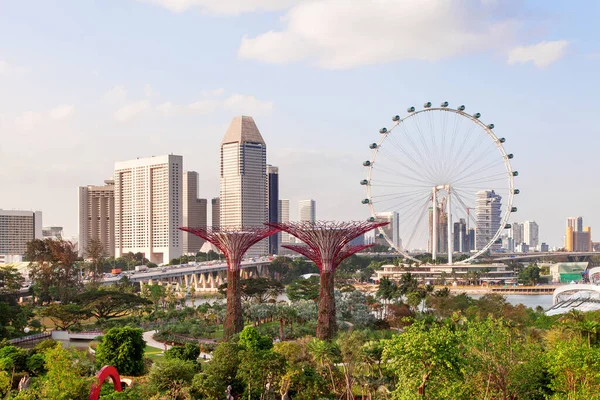 Singapore Panoramautsikt Stort Hjul Hotellets Byggnader Gandens Vid Bukten Väg — Stockfoto