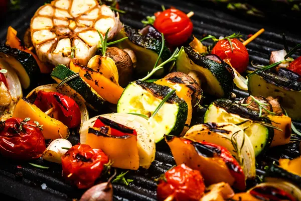 Bbq Grilled Vegetables Skewers Fresh Herbs Spices — Stock Photo, Image