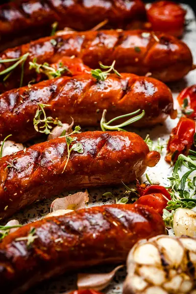Barbecue Pork Sausages Grilled Vegetables Garlic Herbs — Stock Photo, Image