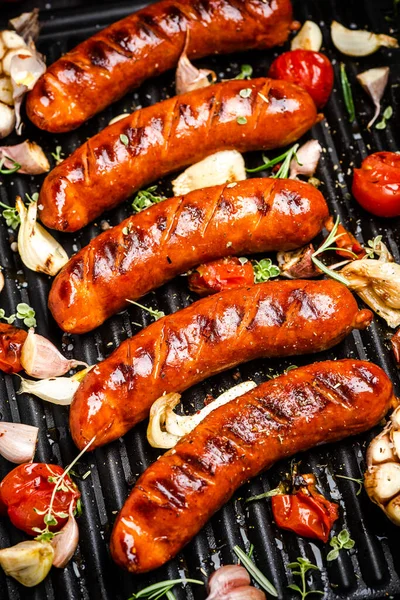 Bbq Grilled Meat Sausages Herbs Spices Vegetables — Stock Photo, Image