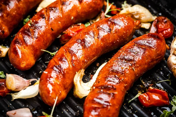 Bbq Grilled Meat Sausages Fresh Herbs Spices Grill — Stock Photo, Image