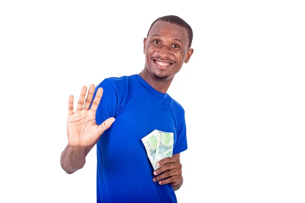 一个拿着钞票快乐的年轻人的特写镜头 — 图库照片