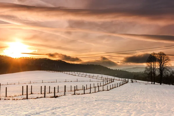 Hermoso Atardecer Sobre Tierras Cultivo Cubiertas Nieve Campos —  Fotos de Stock