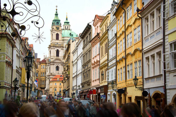 Crowd of tourists on streets of Prague.