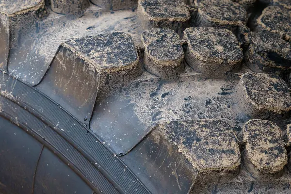 Dark Rough Rubber Truck Tire Traces Sand — Stock Photo, Image
