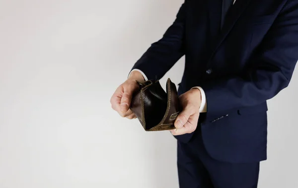 Man Business Suit Holds His Hands Empty Wallet — Stock Photo, Image