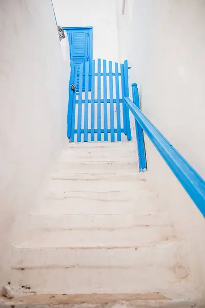 Narrow Streets Island Blue Balconies Stairs Flowers Greece — Stock Photo, Image