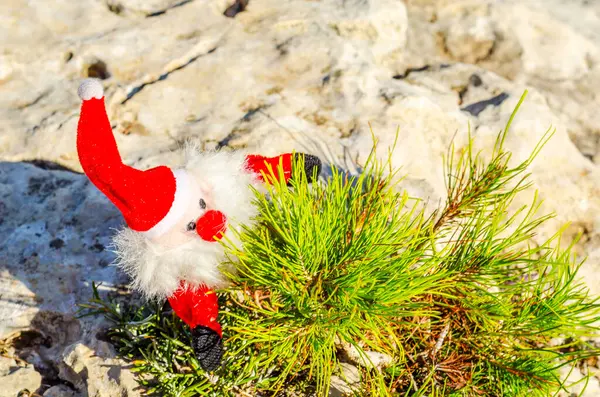 Kayadaki Peluş Noel Baba Noel Tatilinin Sembolü — Stok fotoğraf