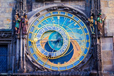 Çek Cumhuriyeti'nde, Europe astronomik saat Orloj portre. Vintage tarzı. Prag Saat Kulesi ayrıntı. Praga ünlü cazibe sakinleri
