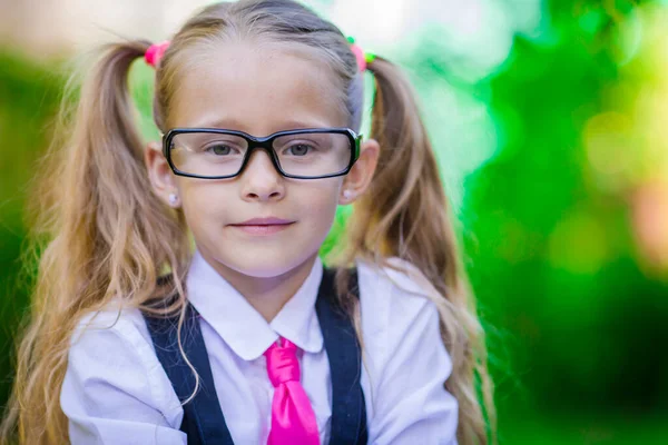 Portrait Happy Little School Girl Glasses Outdoor — Stock Photo, Image