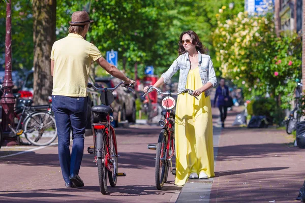 Young Happy Couple Bikes Old Streets Amsterdam Netherlands — Stock Photo, Image