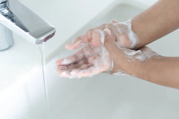 Closeup Woman Hand Washing Soap Bathroom Selective — Stock fotografie