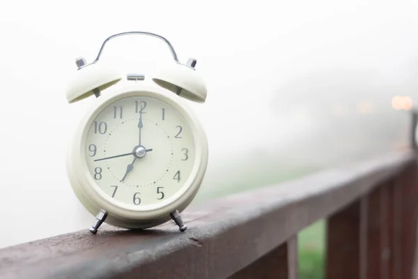 Alarm Clock Nature Fog Background Morning — Stock Photo, Image
