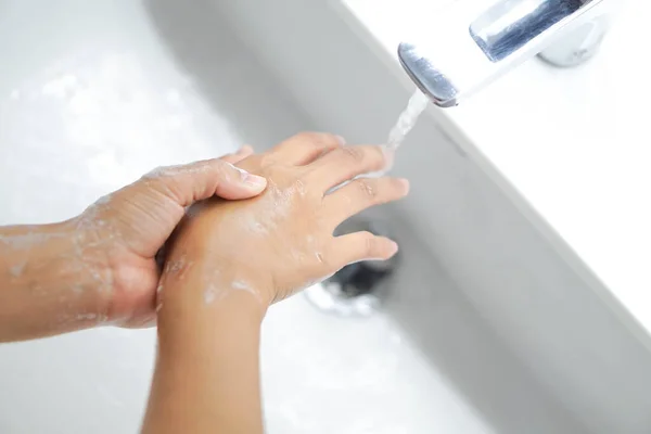 Closeup Woman Hand Washing Soap Bathroom Selective — Stock fotografie