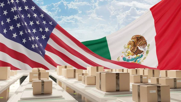 Flagga Amerika Och Mexiko Med Postpaket Logistikcenter — Stockfoto