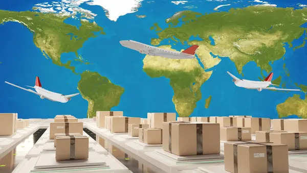 Flygplan Och Logistikcenter Framför Världskartan Illustration — Stockfoto
