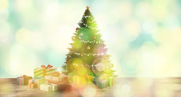 Bokeh Noel Ağacı Süsledi Illüstrasyon Sunar — Stok fotoğraf