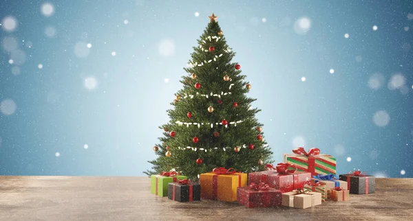 装飾されたクリスマスモミの木とプレゼント3Dイラスト — ストック写真