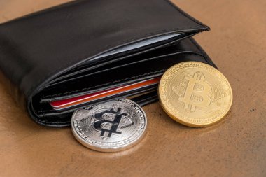 Bitcoin paraları deri bir cüzdandan çıkıyor.