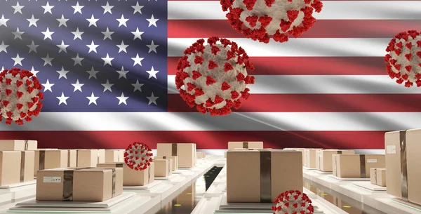 アメリカのパッケージのフラグコロナウイルスCovid 19象徴的な3D — ストック写真