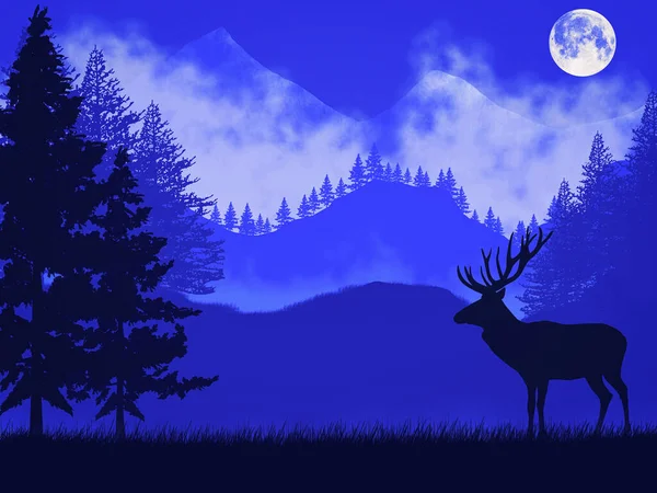 鹿のシルエットと青い山の風景 — ストック写真
