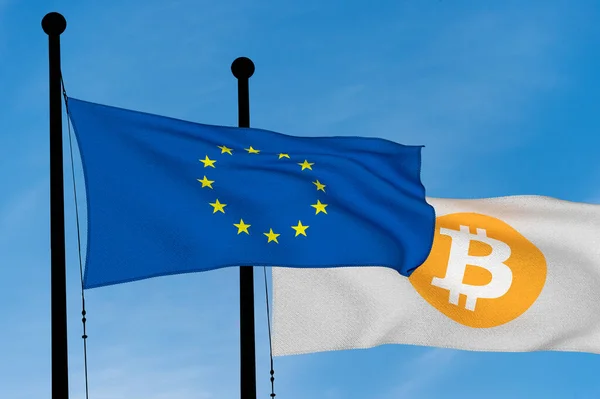 Bandeira Europeia Bitcoin Bandeira Acenando Sobre Céu Azul Digitalmente — Fotografia de Stock