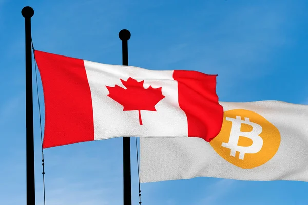 カナダの国旗とBitcoin Flagが青空に手を振っています デジタルジェン — ストック写真
