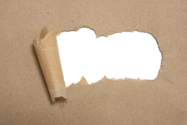 Yırtık Kahverengi Paket Boş Beyaz Telif Alanı Ile Kıvrımlı Kağıt — Stok fotoğraf