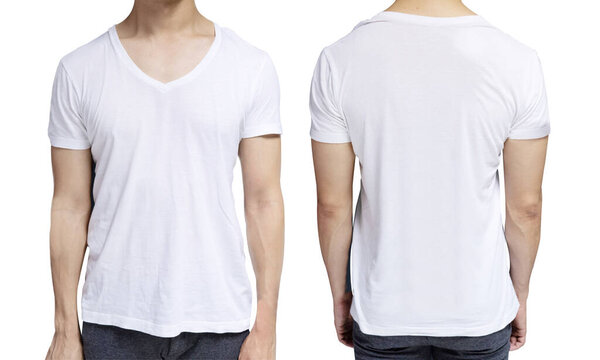 White blank v-neck shirt on human body for graphic design mock up