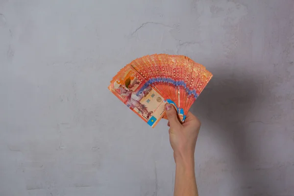 Hand Hold Lot Money Tenge Kzt National Currency Kazakhstan — Stock Photo, Image