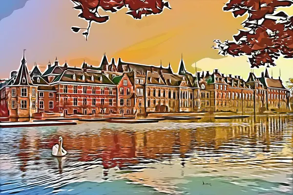 Ηλιοβασίλεμα Στο Κτίριο Binnenhof Και Πόλη Της Χάγης Αντικατοπτρίζεται Στην — Φωτογραφία Αρχείου