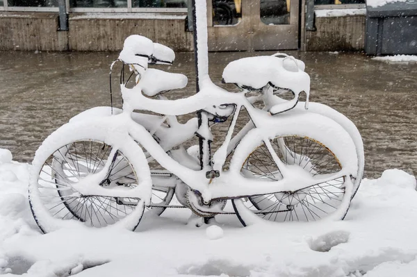 Fiets Bedekt Met Verse Sneeuw Montreal Canada 2018 — Stockfoto